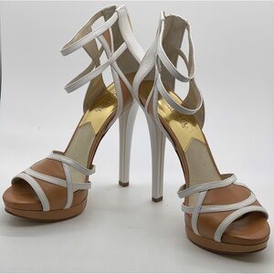 Michael Kors Jaida Back-Zip Platform Heels Stilettos - Optic White/Suntan Sz 8M